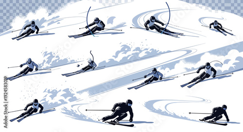 An illustration depicting multiple skiers in various dynamic poses descending a snowy mountain slope, leaving distinct tracks in the powder.