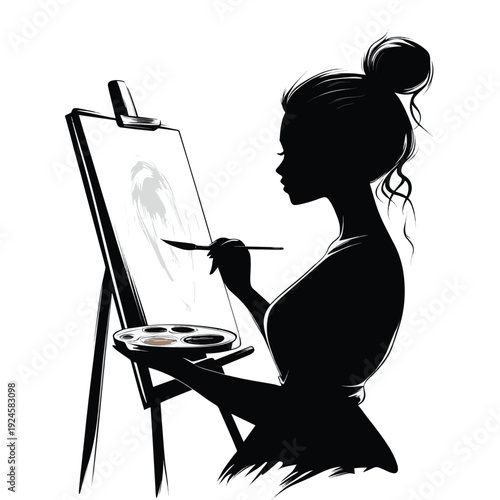 A black and white illustration of the silhouette of a talented female artist who holds a brush and palette in her hands and paints a picture at an easel
