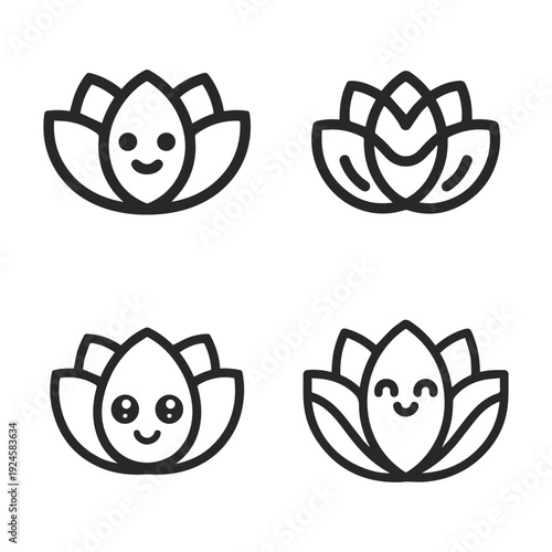 Four charming cartoon lotus flower icons with happy and cute smiling faces, presented as a set.