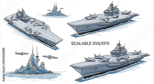 Isometric and side view illustrations of modern aircraft carriers with fighter jets, alongside futuristic island military bases, presented as scalable graphic resources.