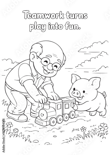 coloring book grandpa and pig pushing a toy cart together, teamwork turns chores into play