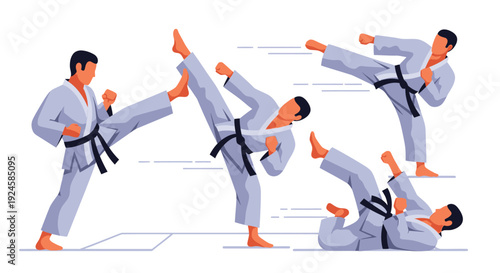 An illustration showing a person in a white gi performing various martial arts kicks and a fall, demonstrating different combat movements.