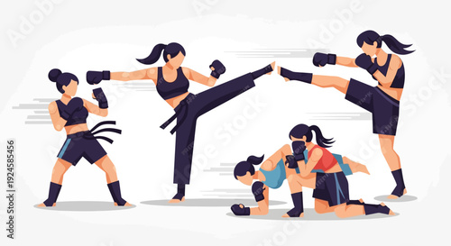 An illustration showing multiple women practicing various martial arts techniques including kicking, punching, and grappling, demonstrating strength and combat skills.
