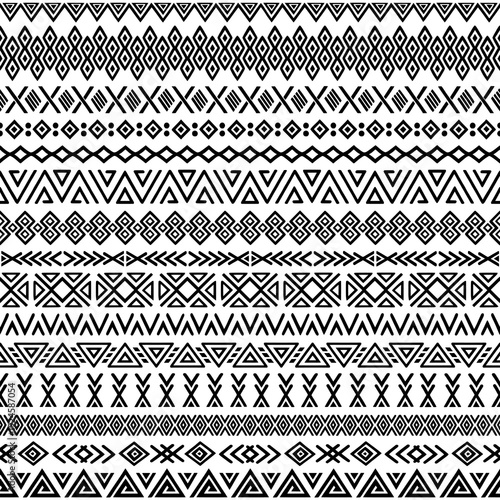 Seamless pattern, ethnic hand drawn background, set of seamless borders, vector design