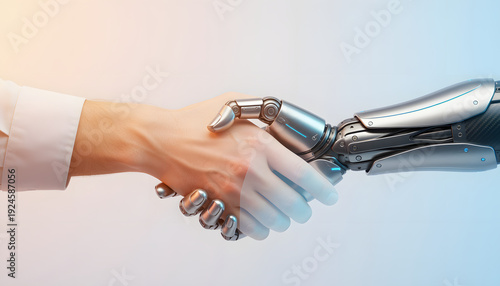 Human hand shaking a metallic robot hand, symbolizing collaboration between people and artificial intelligence.