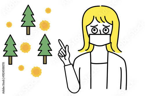 花粉症でマスクをした女性が杉の木と花粉ウイルスを指さして説明するイラスト