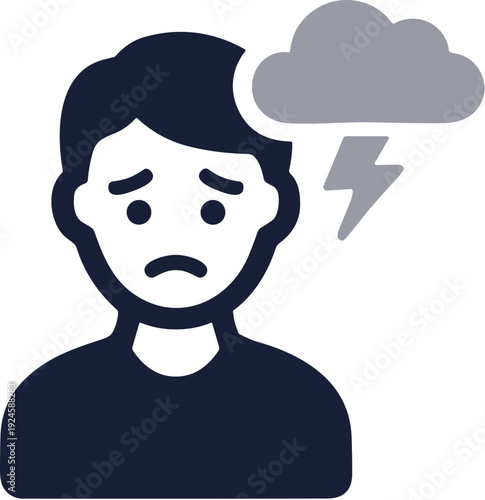 Flat Style Depressed Man with Cloud and Lightning Mood Icon