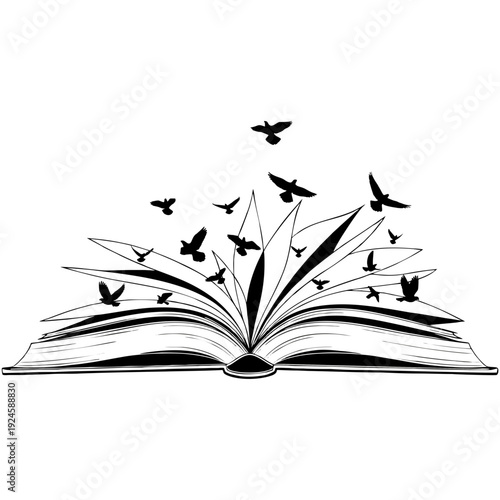 Open book with birds flying out, symbolizing freedom and knowledge