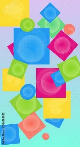 Brightly colored geometric shapes overlap and scatter against a light gradient background