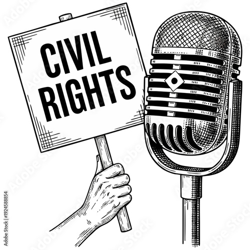 Vintage microphone and civil rights sign for social justice activism