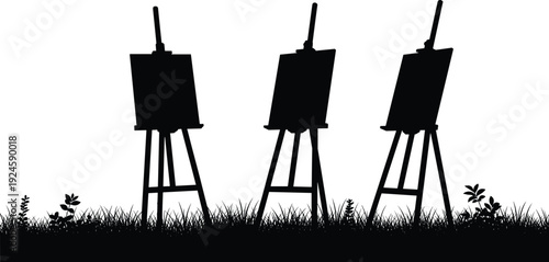 Artist easel silhouettes standing on grass isolated on white background outdoor painting art concept illustration - flavector