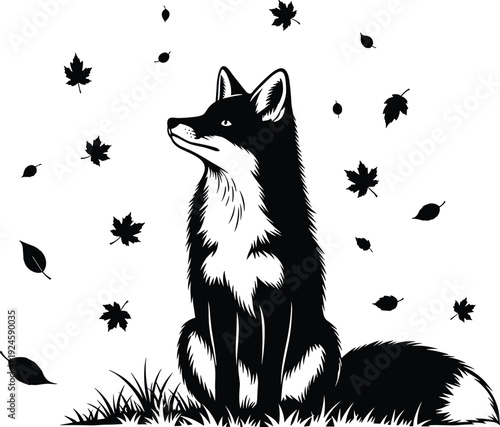 Black fox silhouette sitting calmly with falling autumn leaves, wildlife illustration in minimalist style, forest animal concept, nature art on white background