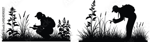 Botanist researcher silhouette studying plants vector black white nature science exploration flavector illustration isolated