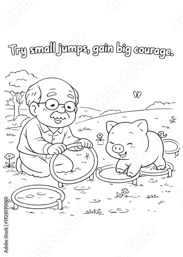 coloring book grandpa encouraging tiny jumps with a pig, small leaps that grow brave hearts