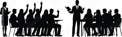 Business training classroom silhouettes, corporate seminar discussion, professional education presentation concept, black illustration design flavector