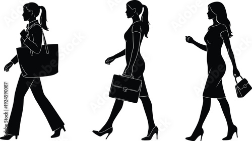 Business women walking silhouettes vector black white professional fashion career lifestyle flavector illustration isolated