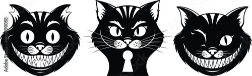 Cheshire cat silhouette faces set featuring creepy smiling cartoon cat heads with mystery keyhole symbol, surreal fantasy illustration, black and white design