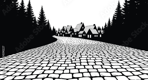 Cobblestone road leading to forest village houses silhouettes isolated on white background landscape illustration concept - flavector