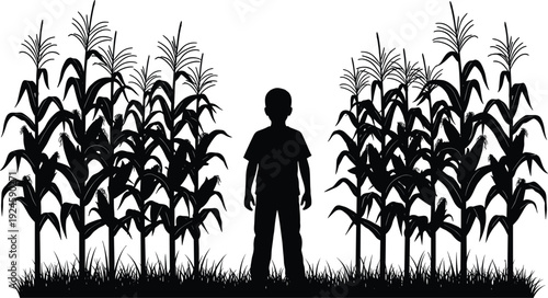 Child standing in cornfield silhouettes, rural agriculture farming scene, countryside nature illustration, black vector flavector