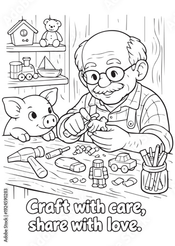 coloring book grandpa carefully making little toys at his workbench while the pig watches
