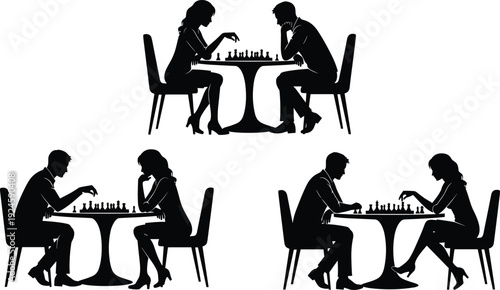 Couple playing chess silhouette vector strategy thinking competition relationship mind game flavector illustration isolated