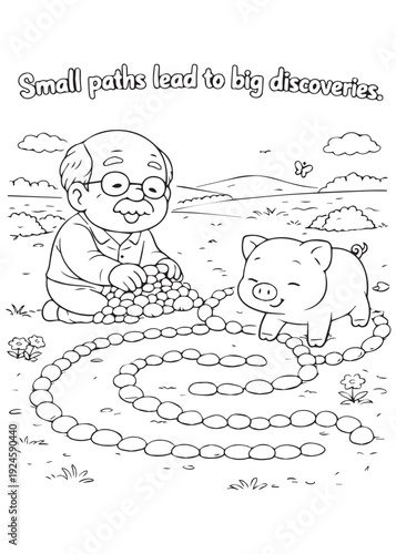 coloring book grandpa and pig arranging stones into a spiral, finding big discoveries on small paths