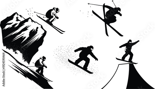 Extreme winter sports silhouettes featuring skiers and snowboarders performing aerial on mountains, showcasing adventure, speed, freedom and outdoor action, black and white illustration
