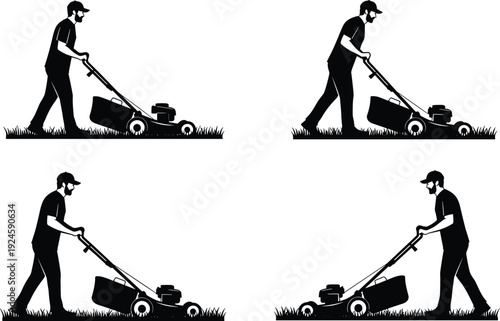Gardener mowing lawn silhouette sequence showing landscaping work outdoor maintenance grass cutting service concept isolated on white background vector illustration collection set