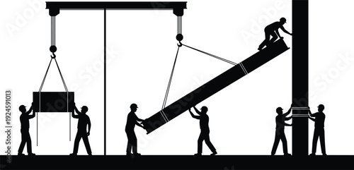 Industrial construction workers silhouettes, crane lifting steel beam, teamwork building infrastructure concept, black vector flavector
