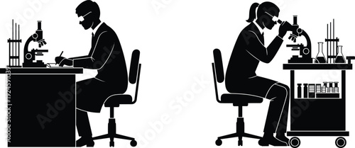 Laboratory scientist silhouettes working with microscope and research equipment isolated on white background science concept - flavector