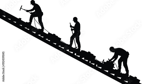 Industrial workers climbing structure silhouettes, construction labor teamwork on elevated framework, black vector illustration flavector