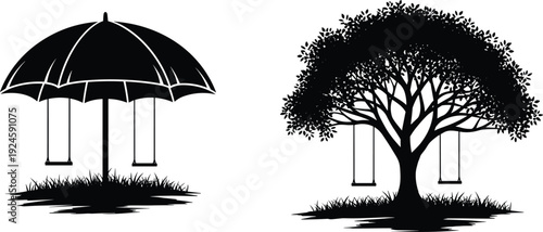 Minimalist silhouettes of umbrella swing and tree swing isolated on white background conceptual nature illustration - flavector