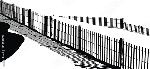 Metal fence silhouettes, perspective security barrier along pathway, urban boundary illustration, black vector design flavector