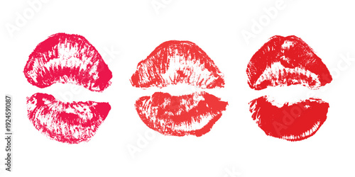 Set of lipstick kiss print Different shapes and colors imprint of lips Red pink female sexy lips makeup Design elements for beauty fashion poster Valentines Day wedding