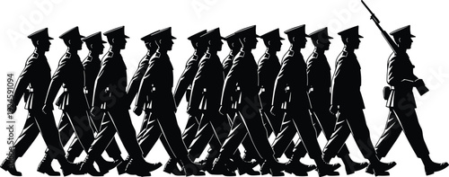 Military soldiers marching silhouettes, army parade formation, disciplined armed forces illustration, black vector design flavector