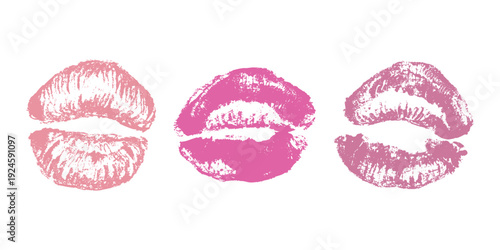 Set of lipstick kiss print Different shapes and colors imprint of lips Red pink female sexy lips makeup Design elements for beauty fashion poster Valentines Day wedding