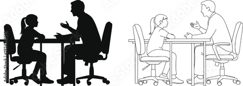 Parent and child conversation silhouettes sitting at table isolated on white family communication concept - flavector