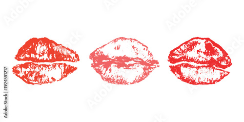 Set of lipstick kiss print Different shapes and colors imprint of lips Red pink female sexy lips makeup Design elements for beauty fashion poster Valentines Day wedding