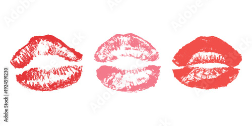 Set of lipstick kiss print Different shapes and colors imprint of lips Red pink female sexy lips makeup Design elements for beauty fashion poster Valentines Day wedding