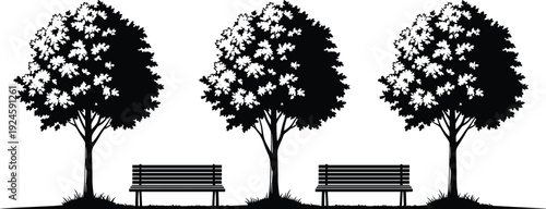 Park bench and tree silhouettes arranged in peaceful outdoor landscape isolated on white background illustration - flavector