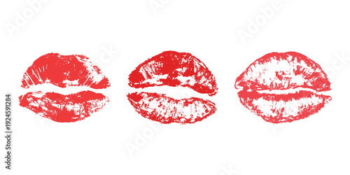 Set of lipstick kiss print Different shapes and colors imprint of lips Red pink female sexy lips makeup Design elements for beauty fashion poster Valentines Day wedding
