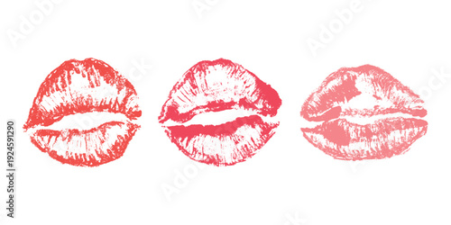 Set of lipstick kiss print Different shapes and colors imprint of lips Red pink female sexy lips makeup Design elements for beauty fashion poster Valentines Day wedding