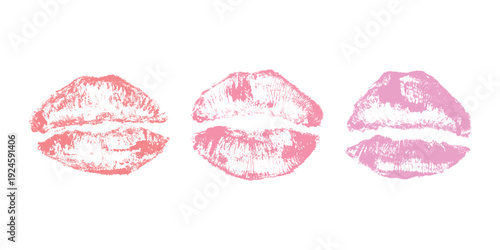 Set of lipstick kiss print Different shapes and colors imprint of lips Red pink female sexy lips makeup Design elements for beauty fashion poster Valentines Day wedding