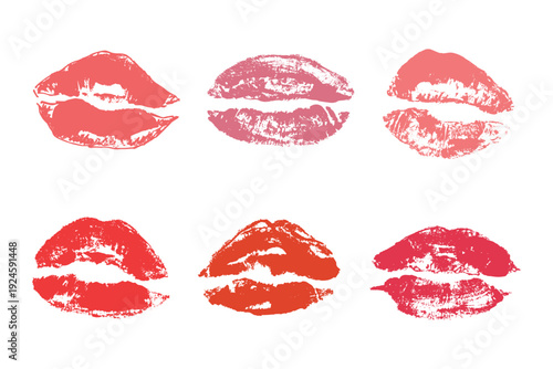 Set of lipstick kiss print Different shapes and colors imprint of lips Red pink female sexy lips makeup Design elements for beauty fashion poster Valentines Day wedding