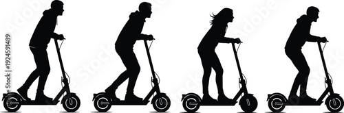 People riding electric scooters silhouettes, urban eco transportation lifestyle, mobility illustration, black vector flavector