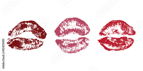 Set of lipstick kiss print Different shapes and colors imprint of lips Red pink female sexy lips makeup Design elements for beauty fashion poster Valentines Day wedding