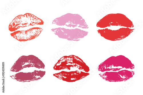 Set of lipstick kiss print Different shapes and colors imprint of lips Red pink female sexy lips makeup Design elements for beauty fashion poster Valentines Day wedding