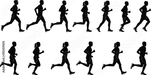Running people silhouettes set vector black white fitness jogging motion sport flavector illustration isolated