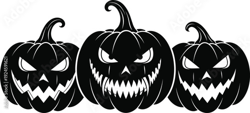 Scary halloween pumpkin silhouettes, evil jack o lantern faces, spooky horror illustration, black design flavector