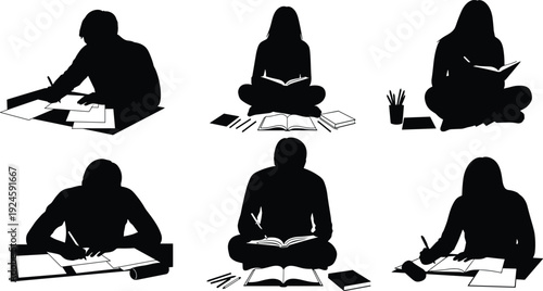 Students studying and reading silhouettes set vector black white education learning flavector illustration isolated